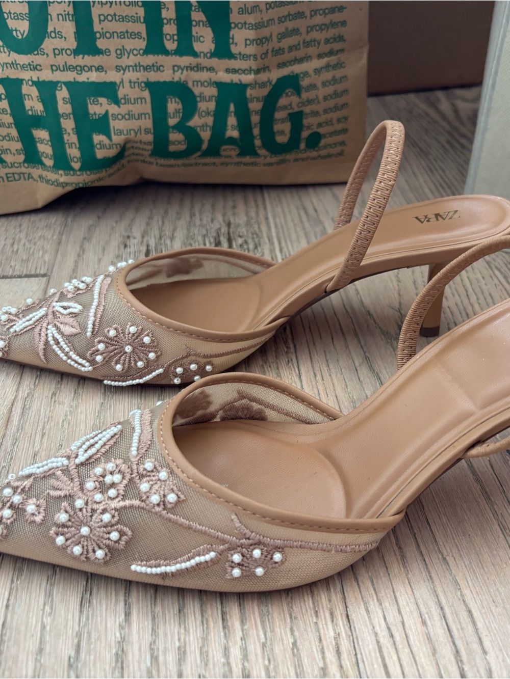 Zara Nude Embroidered Mesh Slingback Kitten Heels - Picture 4 of 7